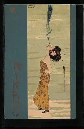 Künstler-Lithographie Raphael Kirchner: Mikado, Japanerin balanciert eine Pfauenfeder auf der Nase