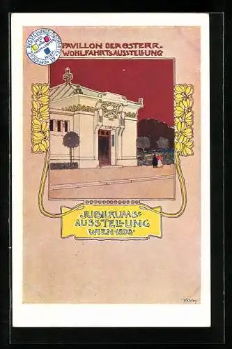 Künstler-AK Wien, Jubiläums-Ausstellung 1898, Pavillon der Österr. Wohlfahrtsausstellung, Jugendstil