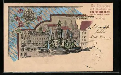 Künstler-AK Ganzsache Bayern PP7C50 /03: Nürnberg, Enthüllung des Neptun-Brunnens am 22.10.1902