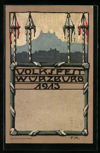 Künstler-AK Ganzsache Bayern PP27C89 / /01: Würzburg, Volksfest 1913, Festbäume, im Hintergrund Festung Marienberg