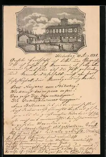 Vorläufer-Lithographie Braunschweig, 1883, Gasthaus Stöberhay, Stich, montiert, Ganzsache
