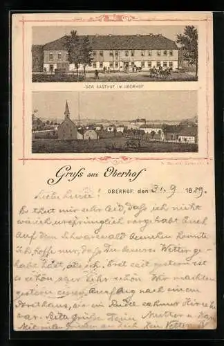 Vorläufer-Lithographie Oberhof, 1889, Ansicht vom Gasthof, Teilansicht mit Kirche