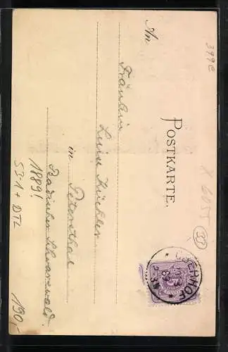 Vorläufer-Lithographie Oberhof, 1889, Ansicht vom Gasthof, Teilansicht mit Kirche