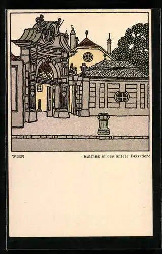 Künstler-AK Wiener Werkstätte Nr. 299, sign. Franz Kuhn oder Karl Schwetz: Wien, Eingang in das untere Belvedere