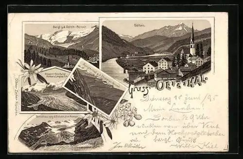Vorläufer-Lithographie Sölden /Oetzthal, 1895, Ortsansicht, Grosser Oetzthaler Ferner, Ramolhaus, Gurgl, Gurglerthal