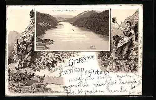 Vorläufer-Lithographie Pertisau a. Achensee, 1895, Achensee gegen Achenkirche, Passepartout mit Bergsteiger und Jodlerin