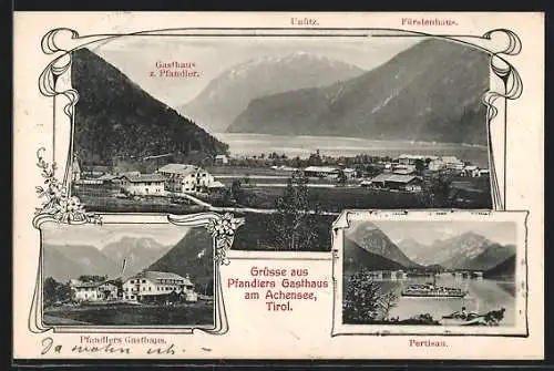 AK Pertisau am Achensee, Gasthaus z. Pfandler, Ortsansicht mit Dampfer