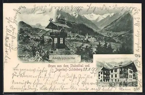 AK Schönberg /Stubaithal, Jagerhof, Ortsansicht mit Kirche