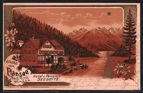 Lithographie Plansee /Nord-Tirol, Hotel u. Pension Seespitz