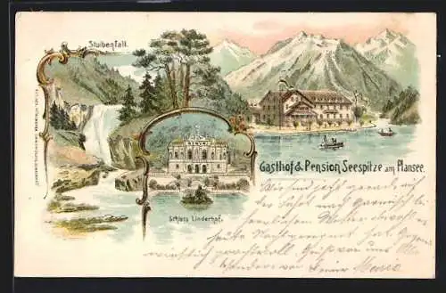 Lithographie Plansee, Gasthof & Pension Seespitze, Schloss Linderhof, Stuibenfall