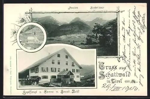 AK Schattwald in Tirol, Gasthaus z. Sonne v. Bened. Zobl, Kirche, Ortsansicht
