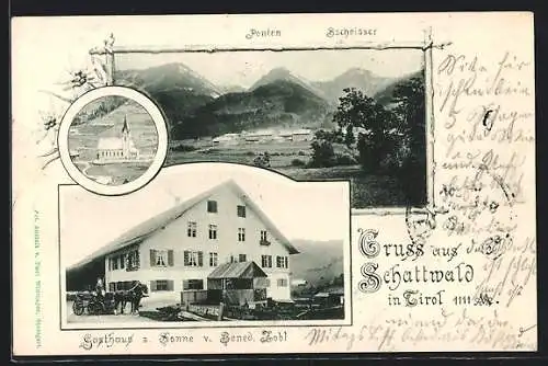 AK Schattwald in Tirol, Gasthaus z. Sonne v. Bened. Zobl, Kirche, Ortsansicht
