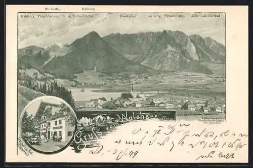 Lithographie Walchsee /Tirol, Gasthof zur Post, Ortsansicht aus der Vogelschau