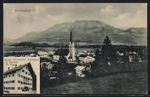 AK Niederndorf, Gasth. u. Pension Fischbacher v. Bl. Huber, Ortsansicht mit Kirche