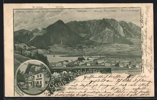 Lithographie Walchsee /Tirol, Gasthof zur Post, Ortsansicht aus der Vogelschau