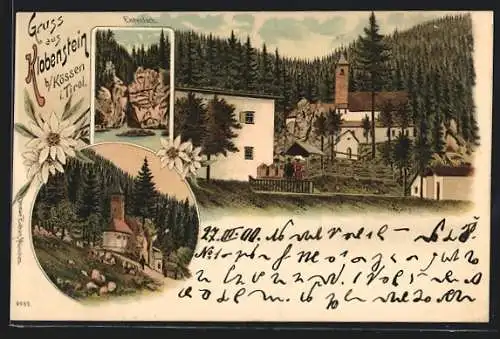 Lithographie Kössen /Tirol, Klobenstein mit Kirche, Entenloch, Edelweiss