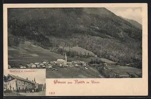 AK Reith in Tirol, Handlung u. Gasthaus, Ortsansicht mit Kirche aus der Vogelschau
