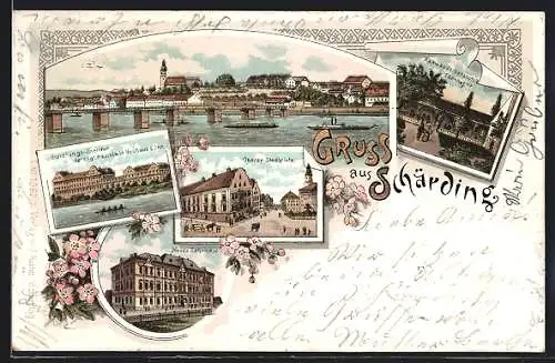 Lithographie Schärding, Neues Schulhaus, Oberer Stadtplatz, Ortsansicht