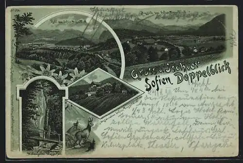 Mondschein-Lithographie Ischl, Restauration Sofien Doppelblick, Hohenzoller Wasserfall, Ortsansicht