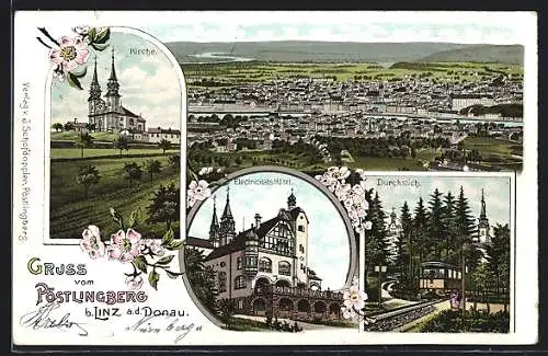 Lithographie Linz a. d. Donau, Electricitäts-Hotel, Durchstich, Kirche, Ortsansicht