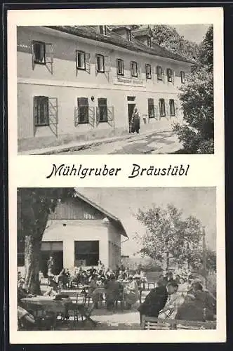 AK Bad Hall, Mühlgruber Bräustübl, Gartenterrasse mit Gästen
