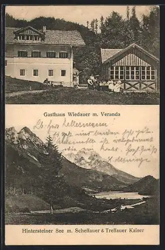 AK Scheffau, Gasthaus Wiedauer mit Veranda, Blick zum Hintersteiner See
