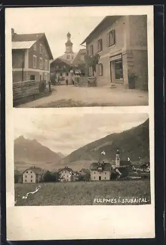 AK Fulpmes i. Stubaital, Gemischtwarenhandlung, Bahnstrasse, Kirche, Ortsansicht