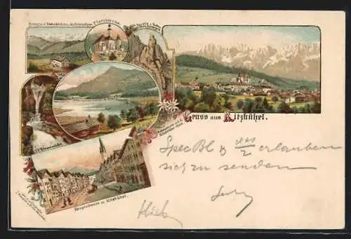 Lithographie Kitzbühel, Restaurant a. d. Kitzbühlerhorn, Hauptstrasse, Pfarrkirche