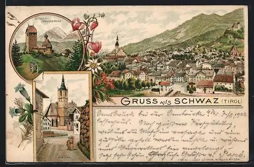 Lithographie Schwaz /Tirol, Schloss-Freundsberg, Strassenpartie zur Kirche, Ortsansicht