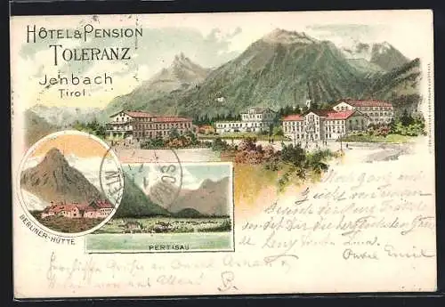 Lithographie Jenbach /Tirol, Hotel & Pension Toleranz, Berliner-Hütte, Pertisau