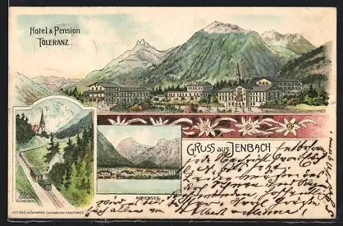 Lithographie Jenbach, Hotel & Pension Toleranz, Zahnradbahn Achensee