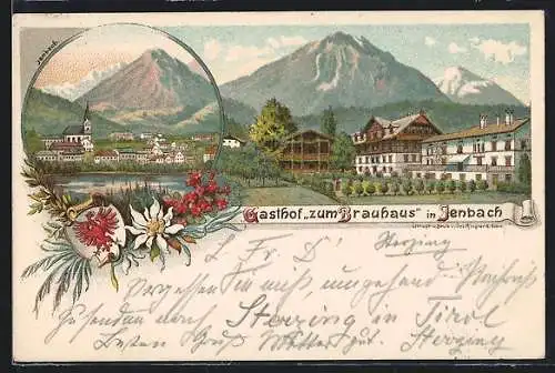 Lithographie Jenbach, Gasthof zum Brauhaus, Ortsansicht mit Kirche