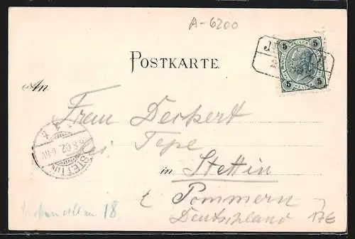 Lithographie Jenbach, Gasthof zum Brauhaus, Ortsansicht mit Kirche