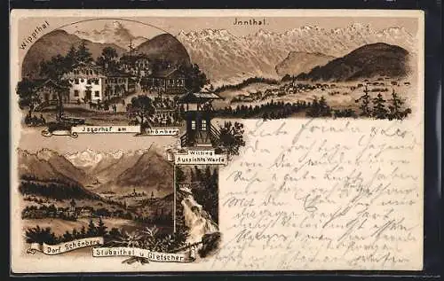 Lithographie Schönberg /Stubaithal, Gasthof Jagerhof, Witting Aussichts-Warte