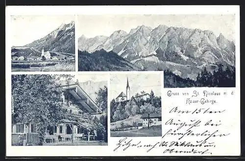 AK Ebbs, St. Nikolaus mit dem Kaiser-Gebirge, Gasthaus St. Nikolaus, Blick zur Kirche