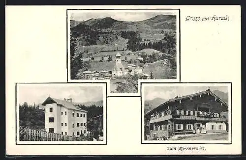 AK Aurach bei Kitzbühel, Gasthaus zum Messnerwirt, Ortsansicht mit Kirche
