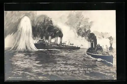 Künstler-AK Englischer Kreuzer Amphion läuft auf eine vom Kriegsschiff Königin Louise gesetzte Mine auf