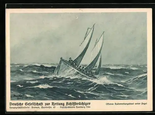 Künstler-AK Offenes Ruderrettungsboot unter Segel