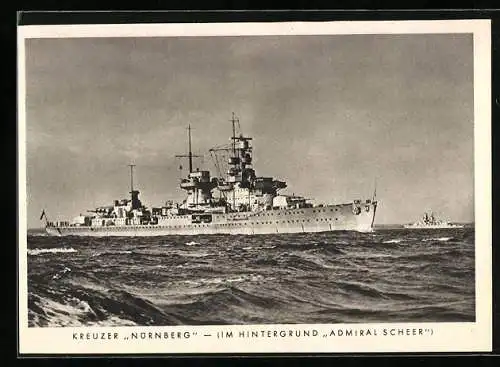 AK Kreuzer Nürnberg mit dem Panzerschiff Admiral Scheer im Hintergrund
