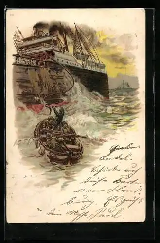 Lithographie Seelootsen bei stürmischer See vor einem Dampfer