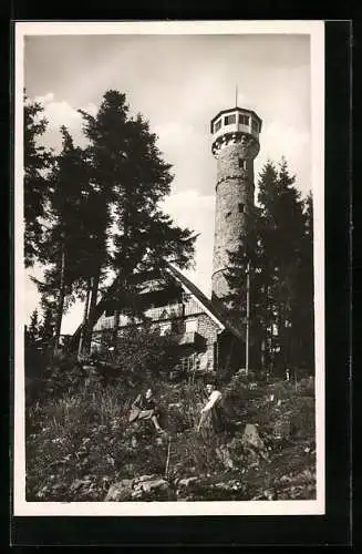 AK Schüttenhofen, Aussichtsturm u. Touristen-Baude am Svatobor