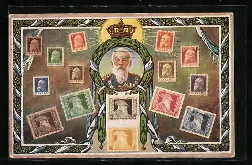AK bayerische Briefmarken mit Abbildung des Prinzregenten Luitpold