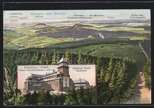 AK Oberwiesenthal, Panorama nach Nord-Ost, neues Unterkunftshaus auf dem Fichtelberg