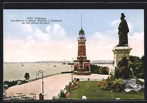 AK Kiel-Holtenau, Leuchtturm und Kaiser Wilhelm I.-Denkmal an der Kanal-Einfahrt