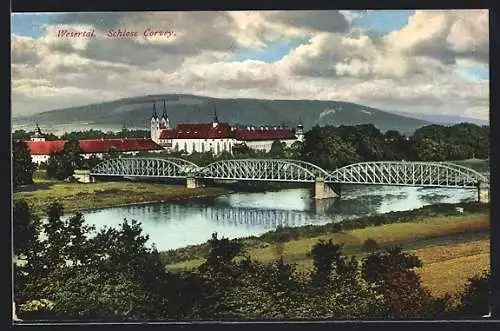 AK Corvey /Wesertal, Schloss Corvey mit Brücke