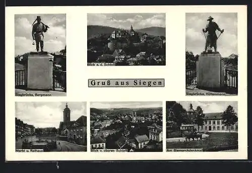 AK Siegen, Blick auf das Schloss, Markt und Rathaus, Am Bismarckdenkmal