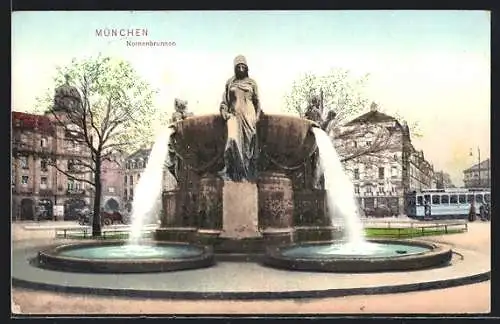 AK München, Strassenbahn und Nornenbrunnen