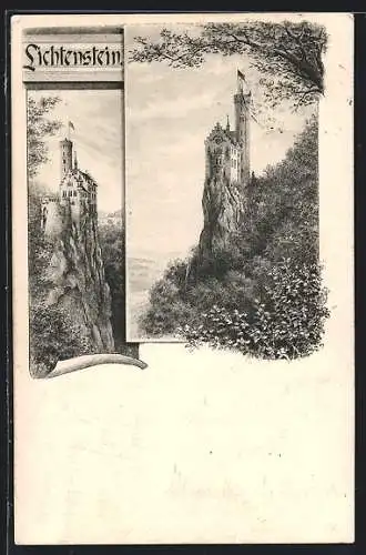 Lithographie Lichtenstein / Schloss, Blick auf die Burg über der Klippe