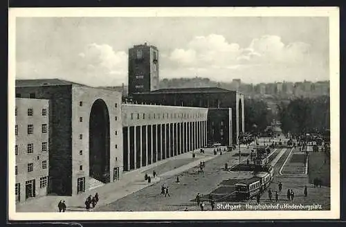 AK Stuttgart, Hauptbahnhof und Hindenburgplatz mit Strassenbahn