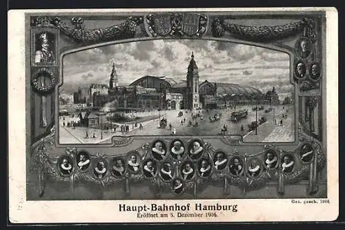 AK Hamburg-St.Georg, Blick auf den Hauptbahnhof, Passepartout mit Kaiser und Ratsherren